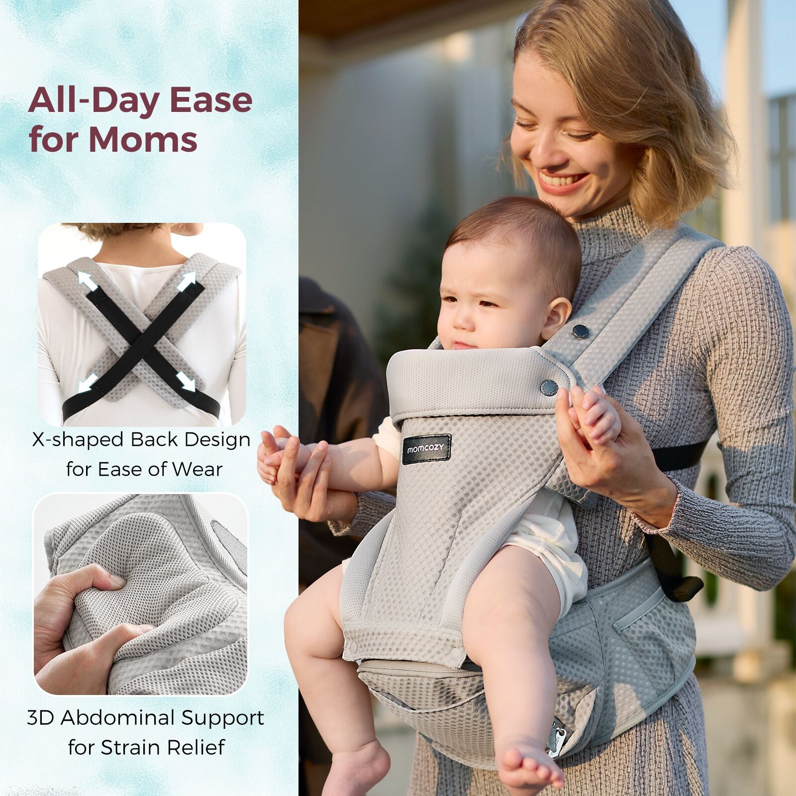 Momcozy Baby Carrier Air Mesh Hip Seat Carrier Grey